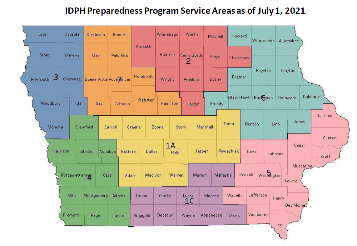 Map of the State of Iowa with Healthcare Service Area Coalition regions in different colors